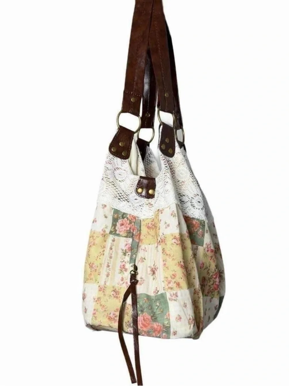 Boho Floral Patchwork Lace Cream Tote Bag Cottagecore Festival Indie Western Y2K - Picture 2 of 6